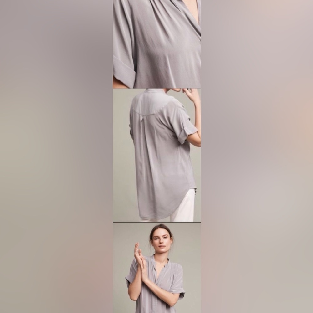 Classic Short-Sleeve V-Neck Blouse - Light Gray